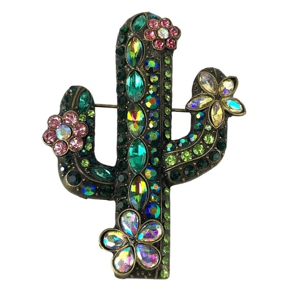 Rhinestone Cactus with Flowers Brooch Pin - Picture 1 of 3